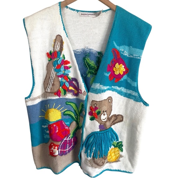 Vintage Sweaters - Lauren Hansen Hawaiian Beach Tropical Bear Hula Luau Sweater Vest Size Large